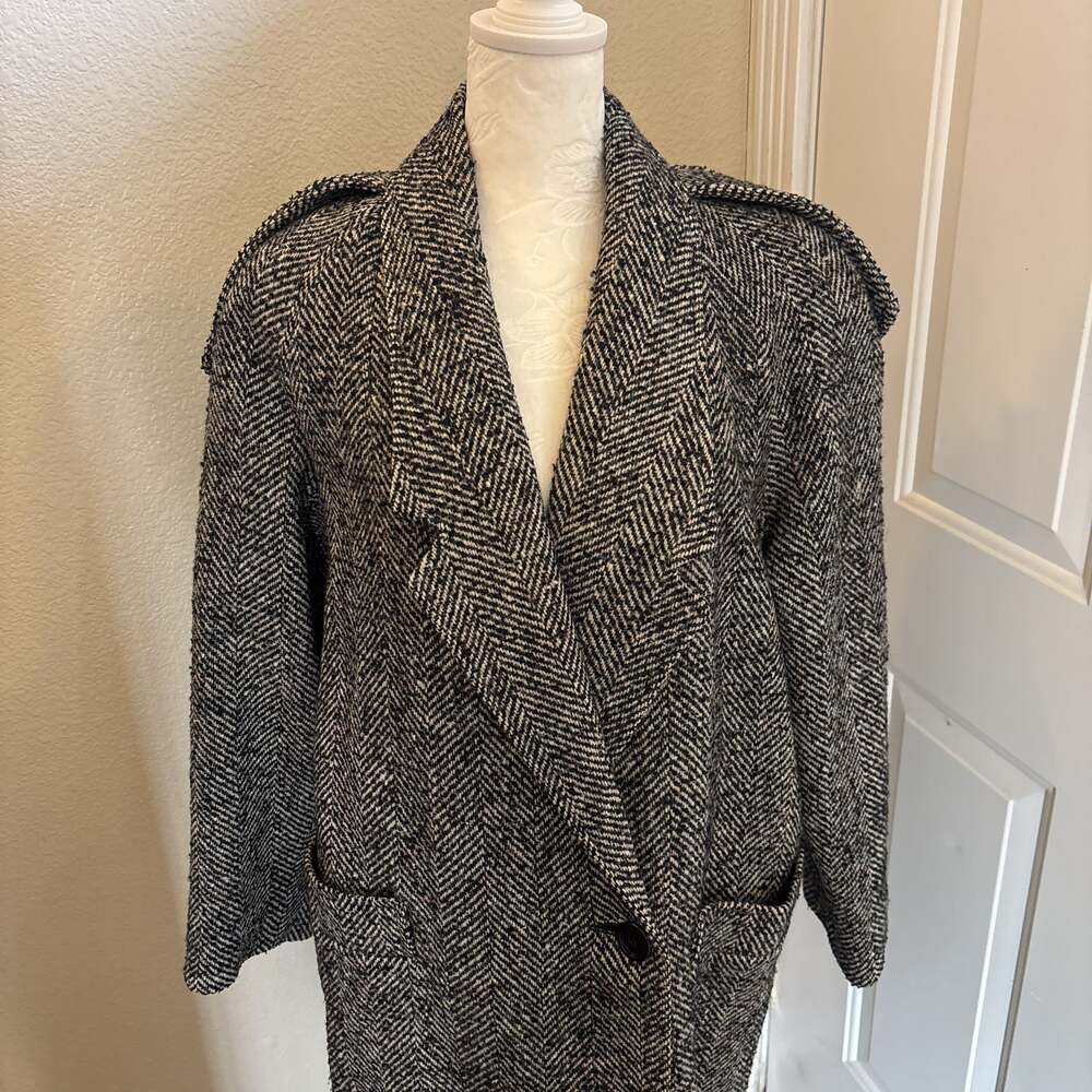 Grey Herringbone Wool Blend Single Breasted Coat